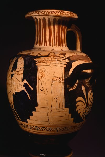 Hydria by the Painter of the Biga Vaticana, showing detail of the aedicule with painter at work by Etruscan