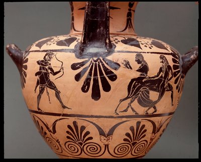 Hydria with representation of Hercules shooting an arrow on the centaur Nessus, Deianira is the second from the right, terracotta, 450-400 BC by Etruscan