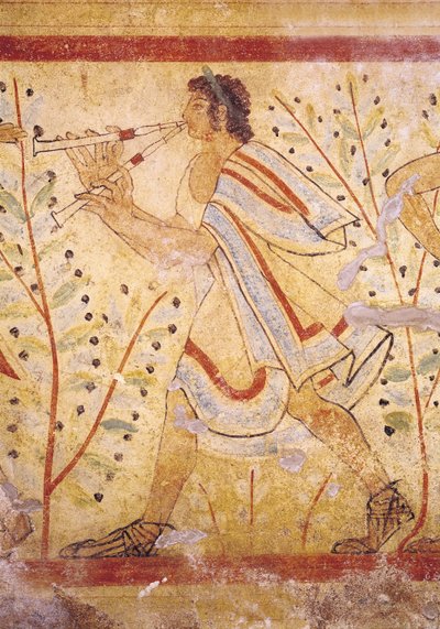 Musician Playing the Pipes from the Tomb of the Leopard (detail) by Etruscan
