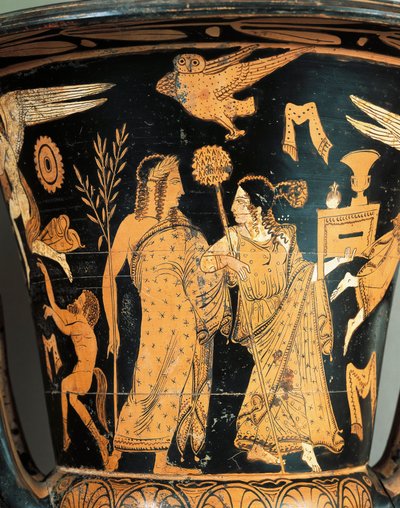 Red-figure pottery, Krater, crowned Dionysus and Ariadne, from Civita Castellana, ancient Falerii, Rome province, Italy (detail) by Etruscan