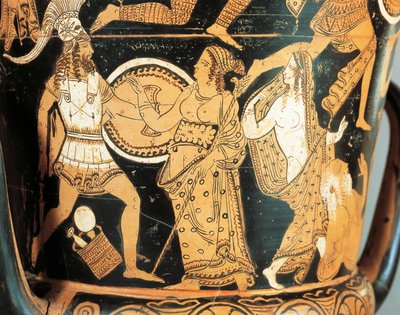 Red-figure pottery, detail of krater depicting Menelaus faced by Aphrodite as he reaches Helen, from Civita Castellana, ancient Falerii, Rome province, Italy by Etruscan