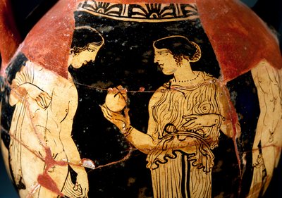 Red-Figure Pottery Pelike Depicting Young Girl Offering Pomegranate by Etruscan