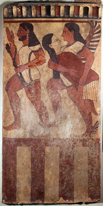 Etruscan Art: Plate painted terracotta called Plaque Campana: an archer, a genie wing bearing a feminine figure by Etruscan Etruscan