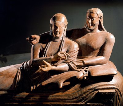 Etruscan Art: Sarcophagus of the Spouses, Terracotta Sculpted Group of a Couple on the Funeral Bed (Detail) from Cerveteri, Italy. 525-500 BC. Paris, Louvre Museum by Etruscan Etruscan