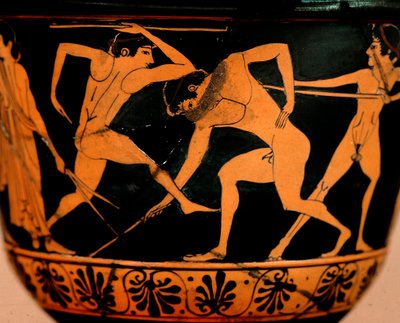 Pyxis Decorated with a Palestra Scene, Athletes Practicing Javelin Throwing, Cerveteri, Rome, Museo di Villa Giulia by Etruscan Etruscan