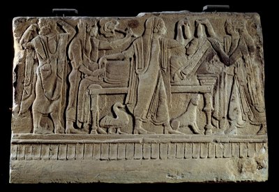 Etruscan antiquity: Plaque of funerary cippe. Exhibition of the deceased on her funeral bed. Paris, Musee Du Louvre by Etruscan Etruscan