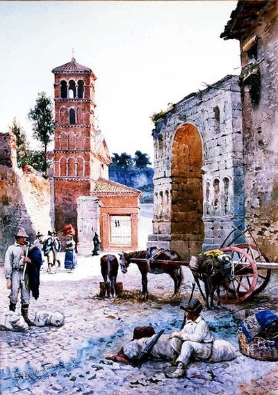 Figures in a Roman Square by an Arch by Ettore Roesler Franz