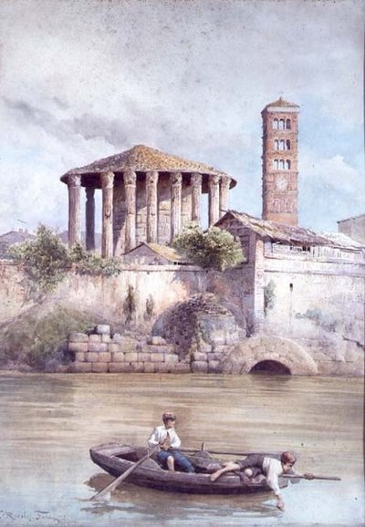 The Temple of Hercules from the River Tiber, Rome by Ettore Roesler Franz
