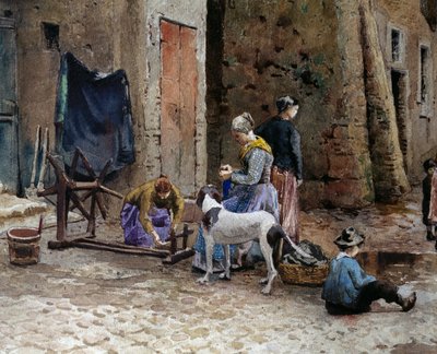Women concentrating on spinning, detail of old houses in Lungaretta in Rome (detail) by Ettore Roesler Franz