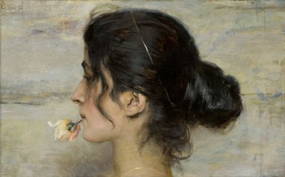 With the Rose Between her Lips by Ettore Tito