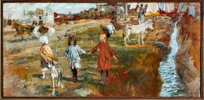 Country Landscape with Children and Dog, a Donkey by the River by Ettore Tito
