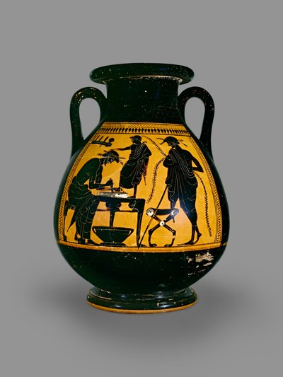 Attic Black-Figure Pelike Decorated with a Scene of a Shoemaker Cutting Leather for a Shoe by Eucharides Painter