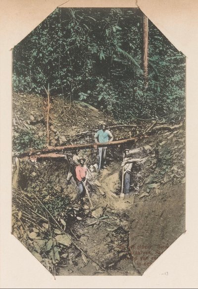 Gold Seekers at a Placer (Op het placer Dien mersi Sarakreek, Suriname ...kop van een Kwartsrif in een ravyn) by Eugen Klein