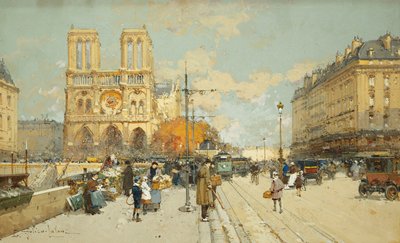Figures on a Sunny Parisian Street, Notre Dame at Left by Eugene Galien Laloue