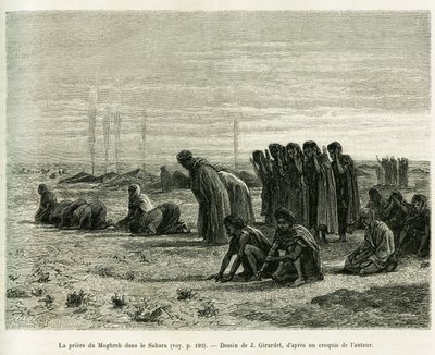 The Moghreb prayer in the Sahara. Engraving by J.Girardet, to illustrate the story 