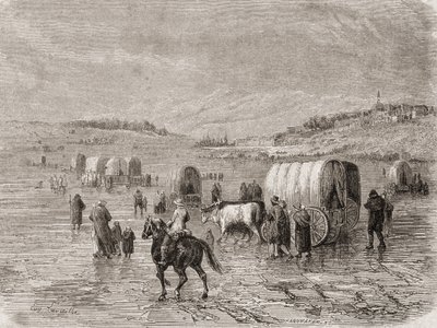 A Wagon Train Heading West in the 1860s, engraved by Stephane Pannemaker by Eugene Antoine Samuel Lavieille