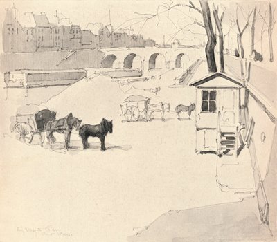 The Pont Marie - Horses and Carts by Eugene Bejot
