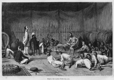 Dr. Harmand at the Reception at the Prince of Oubon (Laos), Description of the Interior of the Princely Case and Its Courtyard, Engraving by Eugene Burnand, to Illustrate the Story of Laos and the Wild Populations of Indochina by Dr. Harmand, in 1877, Publ by Eugene Burnand