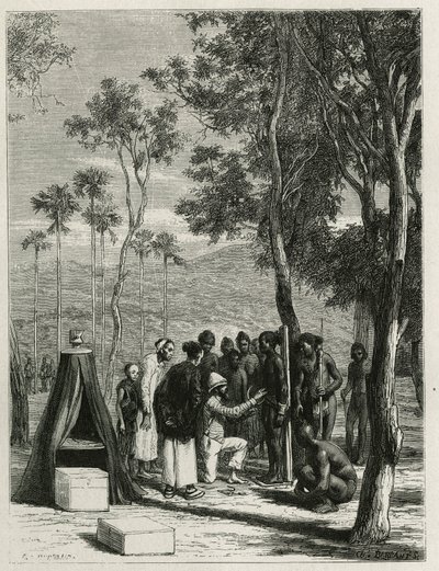 Dr. Harmand proceeds with anthropological measurements on the indigenous Khas (Engraving by Eugene Burnand) by Eugene Burnand