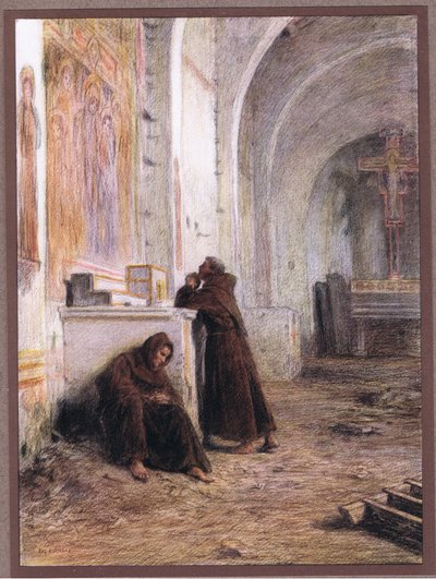 Friar Giles and his companion faint with hunger in a deserted church by Eugene Burnand