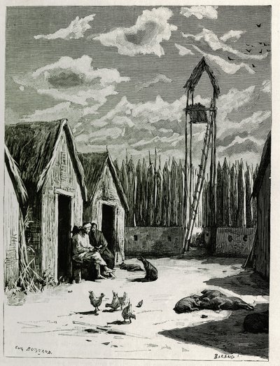 Missionary Square in Meuong Ngan. Engraving by Eugene Burnand, to illustrate the story “Journey in Upper Laos”, in 1880, by Dr. P.Neis. Published in Le Tour du monde, nouveau journal des voyages, 2nd semester 1885, edited by Edouard Charton by Eugene Burnand