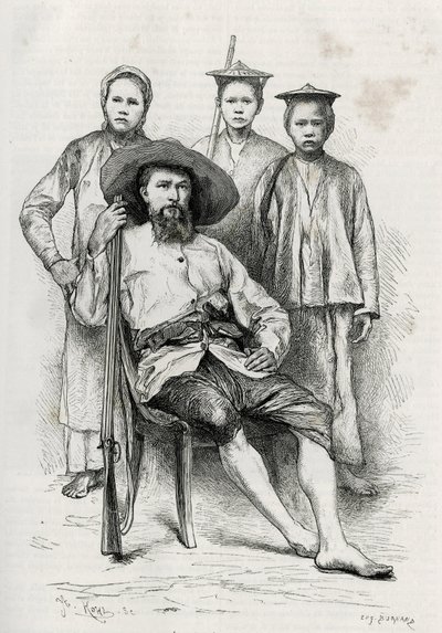 Portrait of the author, surrounds his travelling companions. Engraving by Eugene Burnand, to illustrate the story “Journey in Upper Laos”, in 1880, by Dr. P.Neis. Published in Le Tour du monde, nouveau journal des voyages, 2nd semester 1885, edited by Edou by Eugene Burnand