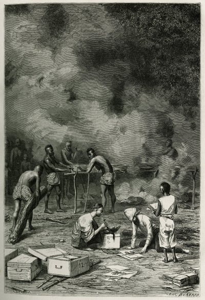 The drying of herbarium plants, on large bamboo clays, before the doctor classifies them and stores them in his crates, engraving by Eugene Burnand, to illustrate the story of Laos and the wild populations of Indochina by Doctor Harmand, in 1877, published by Eugene Burnand