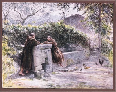 The repast of St Francis and Friar Masseo at the fountain. St Francis praises poverty by Eugene Burnand