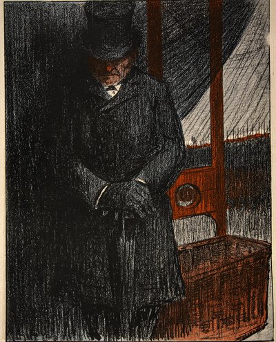 An undertaker awaits his next victim by the guillotine, illustration from 