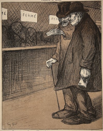 Two elderly gentlemen walking past closed counters, illustration from 