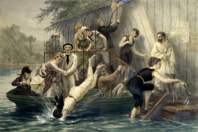 Ah! The beautiful head, a Sunday by the water. Woman diving in a swimsuit in the water in the 19th century under the laughter of amused sailors. A woman in a boat protects herself from scratches with her umbrella. Engraving by Eugene Guerard. Private Colle by Eugene Charles Francois Guerard