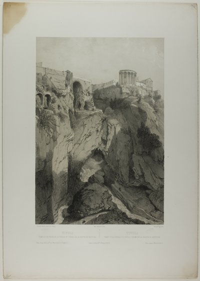 Tivoli: The Temples of Vesta and the Sibyl, and Ruins of the Grotto of Neptune, plate nineteen from Italie Monumentale et Pittoresque by Eugene Ciceri