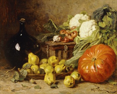 A Still Life with a Wine Flagon, a Basket, Pears, Onions, Cauliflowers, Cabbages, Garlic and a Pumpkin by Eugene Claude