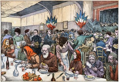 A banquet for the poor. On Christmas Day 1927, Cardinal Ferrari organized a mass for the poor, followed by a banquet of 2000 covered. Drawing by Damb by Eugene Damblans