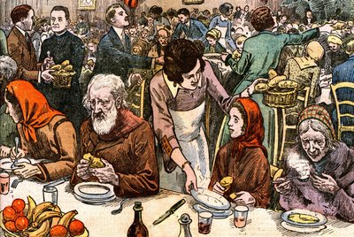 A banquet for the poor. On Christmas Day 1927, Cardinal Ferrari organized a mass for the poor, followed by a covered banquet of 2000. Drawing by Damblans by Eugene Damblans