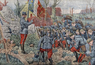 A flag-bearing priest gives absolution to the officers and soldiers of his regiment as they set out to attack. In 