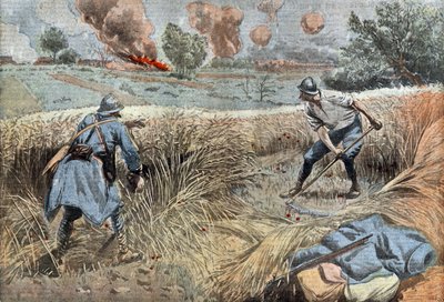 A French gunner scything wheat to kill Germans, drawing by Damblans from French paper 