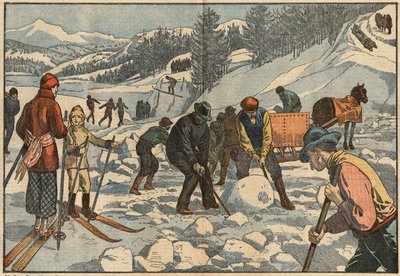 Alpine inhabitants collect ice blocks in winter for the summer. In the background, men practice winter sports. Illustration of Damblans. In Le Pelerin of December 18 by Eugene Damblans
