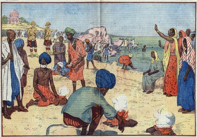 Civil Disobedience Week in India against the British Empire: On Bombay Beach, Gandhi and his supporters boil sea water to obtain salt in violation of the Gabelle Law. Women encourage them by repeating this chorus: “Break, break the law of salt, by Eugene Damblans