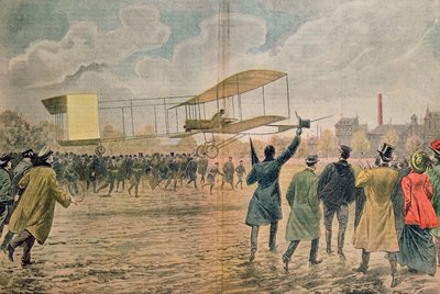 Henri Farman at Issy-les-Moulineaux in his plane the Voisin-Farman 1, illustration from 