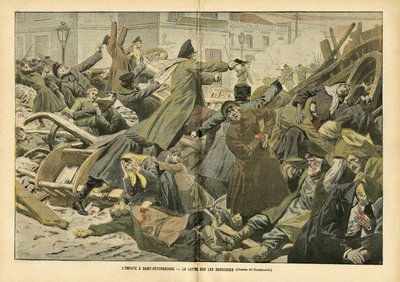 Illustration by Eugene Damblans in Le Pelerin, 05/02/05 - The struggle on the barricades in Saint Petersburg by Eugene Damblans