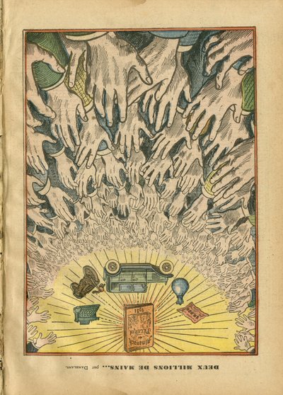 Illustration by Eugene Damblans in Le Pelerin - Two million hands - Press/Media, Automobile, Religion Faith, Pelerin (Almanac), Catholic Catholicism - Main by Eugene Damblans