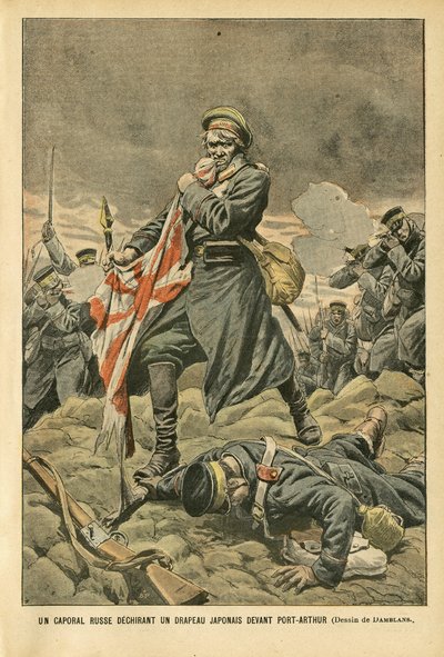 Illustration of Eugene Damblans (1865-1945) in Le Pelerin, 01/01/05 - A Russian corporal tearing a Japanese flag in front of Port Arthur by Eugene Damblans