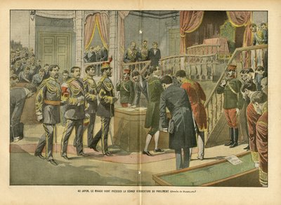Illustration of Eugene Damblans (1865-1945) in Le Pelerin, 03/04/04 - In Japan, Mikado Presiding Over the Opening Session of Parliament by Eugene Damblans