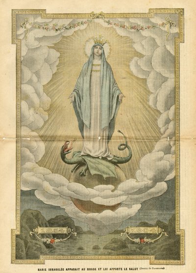 Illustration of Eugene Damblans in Le Pelerin, 04/12/04 - Mary immaculee appears to the world and brings salvation to it - Religion Faith, Catholic Catholicism - Immaculee conception - Mary, Dragon - Clouds - Earth by Eugene Damblans