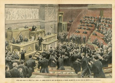 Illustration of Eugene Damblans (1865-1945) in Le Pelerin, 06/11/04 - After Insulting the Pope and The Cross, M. Combes Insulted M. Ribot Who Descended from the Podium, Cheered by Two Thirds of the Deputies by Eugene Damblans