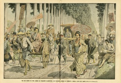 Illustration of Eugene Damblans in Le Pelerin, 09/04/05 - By a fifty-kilometre long avenue of Pines, Japanese pelerins go to Nikko, their holy city - Religion Faith, Japan, Fashion, Tree, Nikko - Pelerinages by Eugene Damblans
