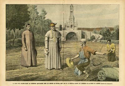 Illustration of Eugene Damblans in Le Pelerin, 20/08/05 - The Holy Father performing his daily walk in the gardens of the Vatican, not far from the chapel raised in honor of the Virgin of Lourdes - Religion Faith, Agriculture, Vatican, Catholic by Eugene Damblans