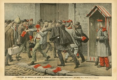 In Saint-Etienne, two anarchists who tried to distribute anti-militarist wardrobes to conscripts, were arrested by the police - Antimilitarism, Anarchist Anarchism, Army, Police, Saint-Etienne by Eugene Damblans