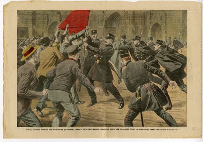 Illustration of Eugene Damblans in Le Pelerin, 23/05/09 - In Lille, the Police Repel the Anticlerics Who Come in Front of the Church Saint-Maurice to Protest Against the Catholics Feting the Blessed Joan of Arc - Anticlericalism, Architecture by Eugene Damblans